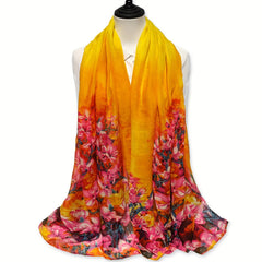 Vintage Yellow Flower Print Scarf Gradient Warm Shawl Women Windproof
