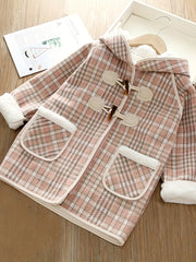 Girls' Winter Fleece Plaid Hooded Toggle Coat For Going Out