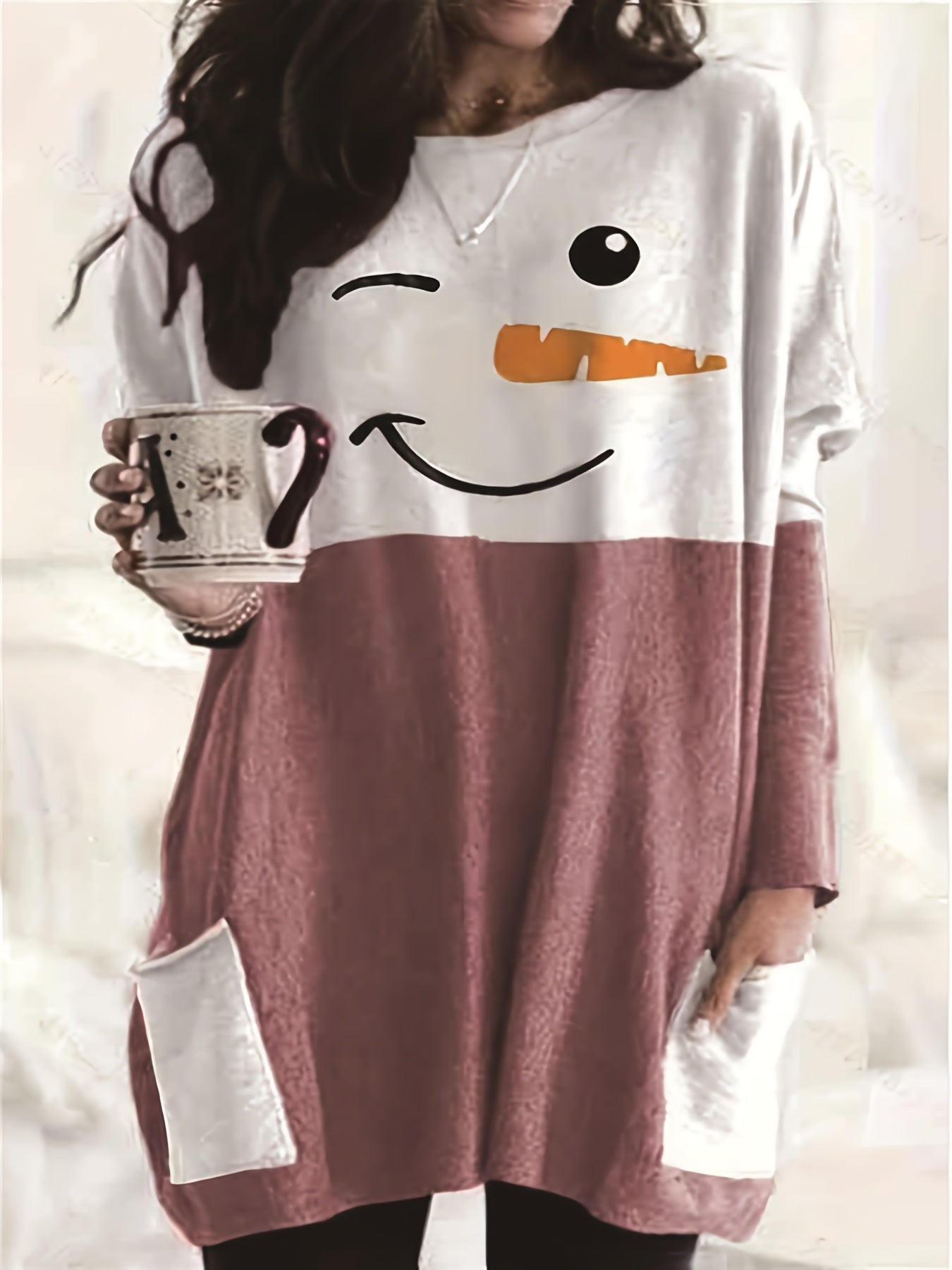 Women's Plus Snowman Print Long Sleeve Tunic Top With Pockets