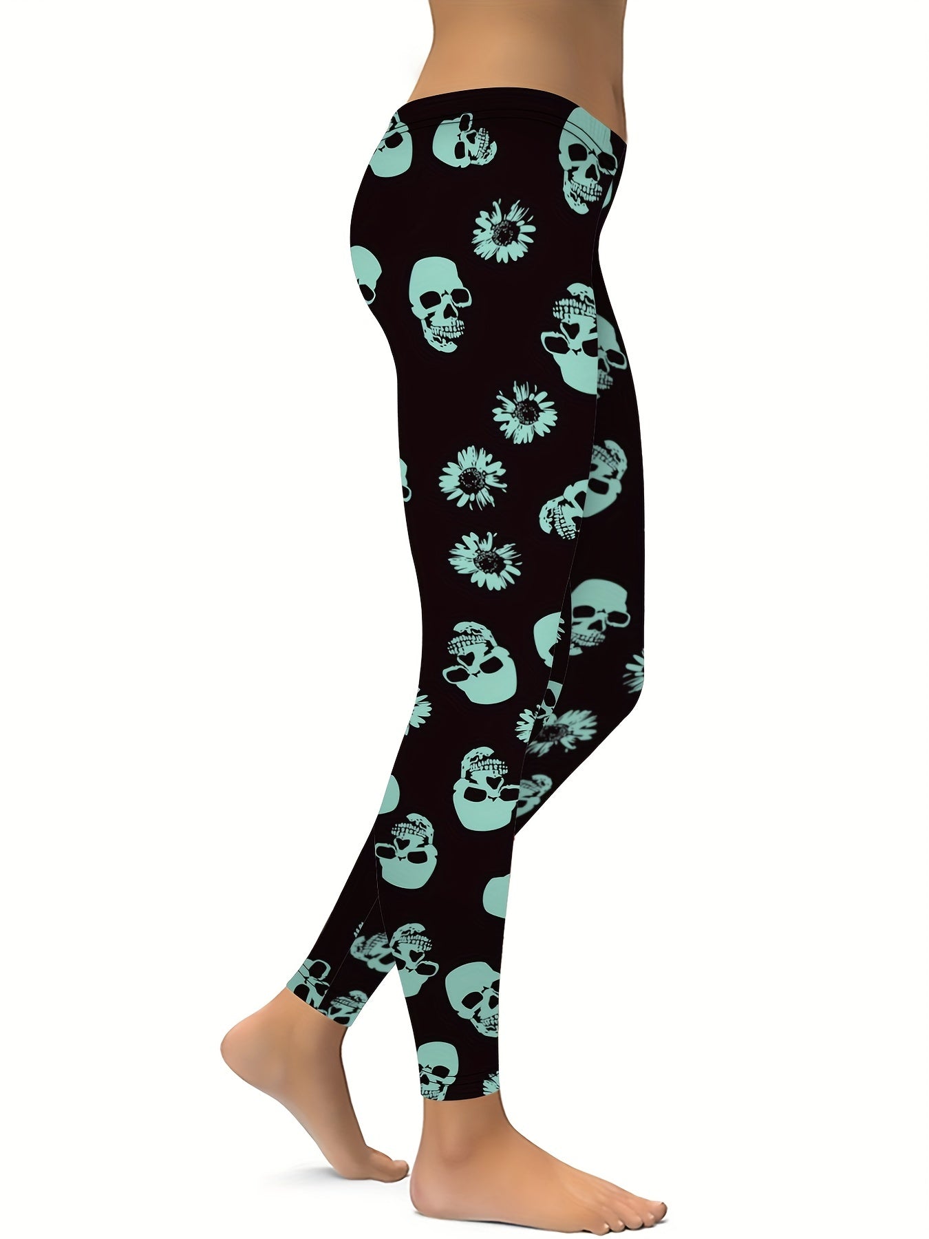 Skull Flower Graphic Sports Leggings Yoga Tight Pants Women