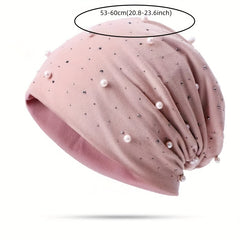 Faux Pearl Decor Beanie Solid Elastic Skull Cap Women Slouchy Baggy Hats