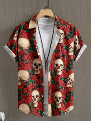 Skull & Rose Print Men's Casual Short Sleeve Shirt