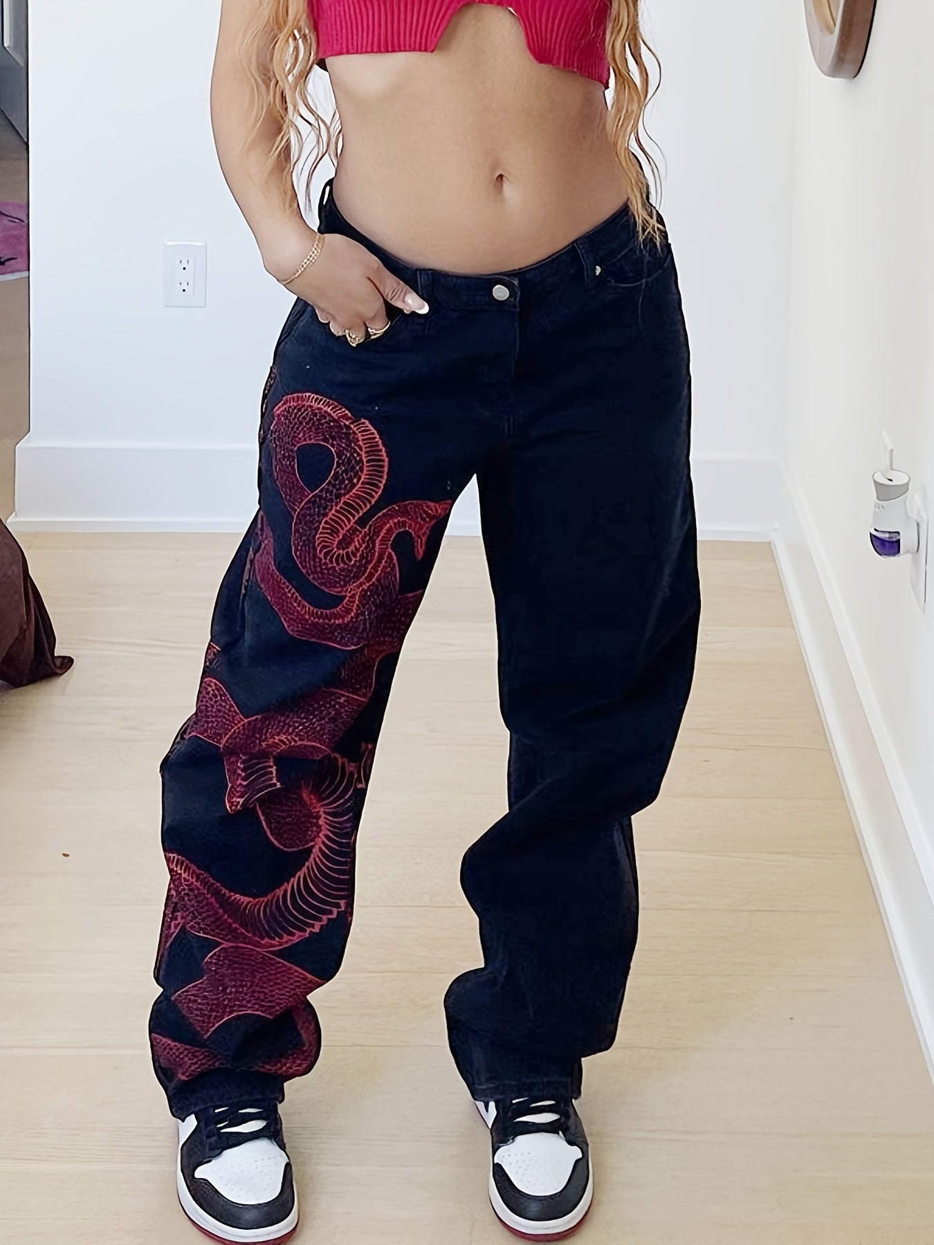 Snake Print Straight Legs Jeans Contrast Loose Denim Long Pants