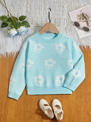 Girls' Flower Jacquard Knitted Crewneck Long Sleeve Sweater