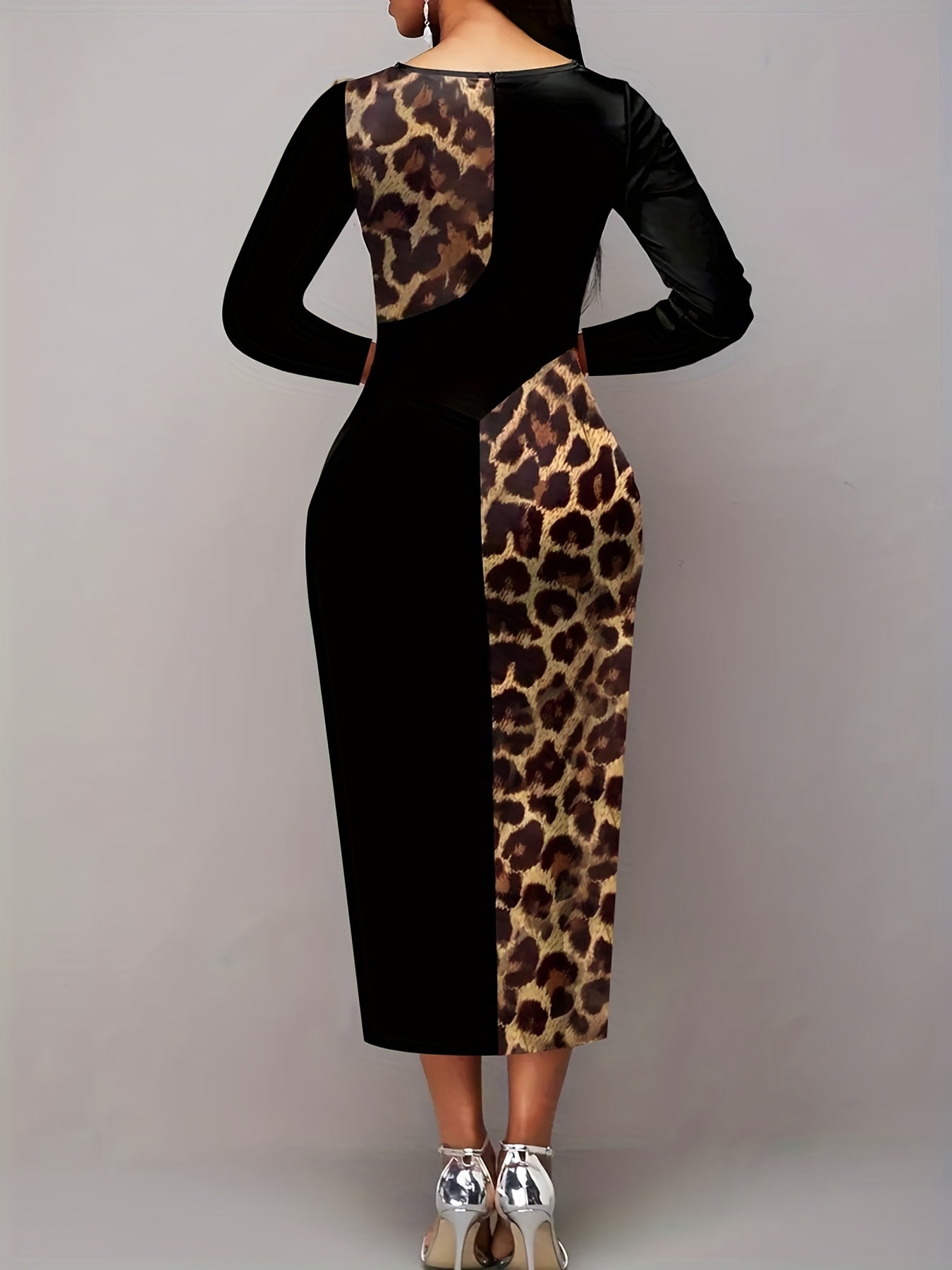 Colorblock Leopard Print Cut Out Long Sleeve Midi Dress