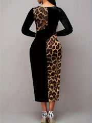 Colorblock Leopard Print Cut Out Long Sleeve Midi Dress