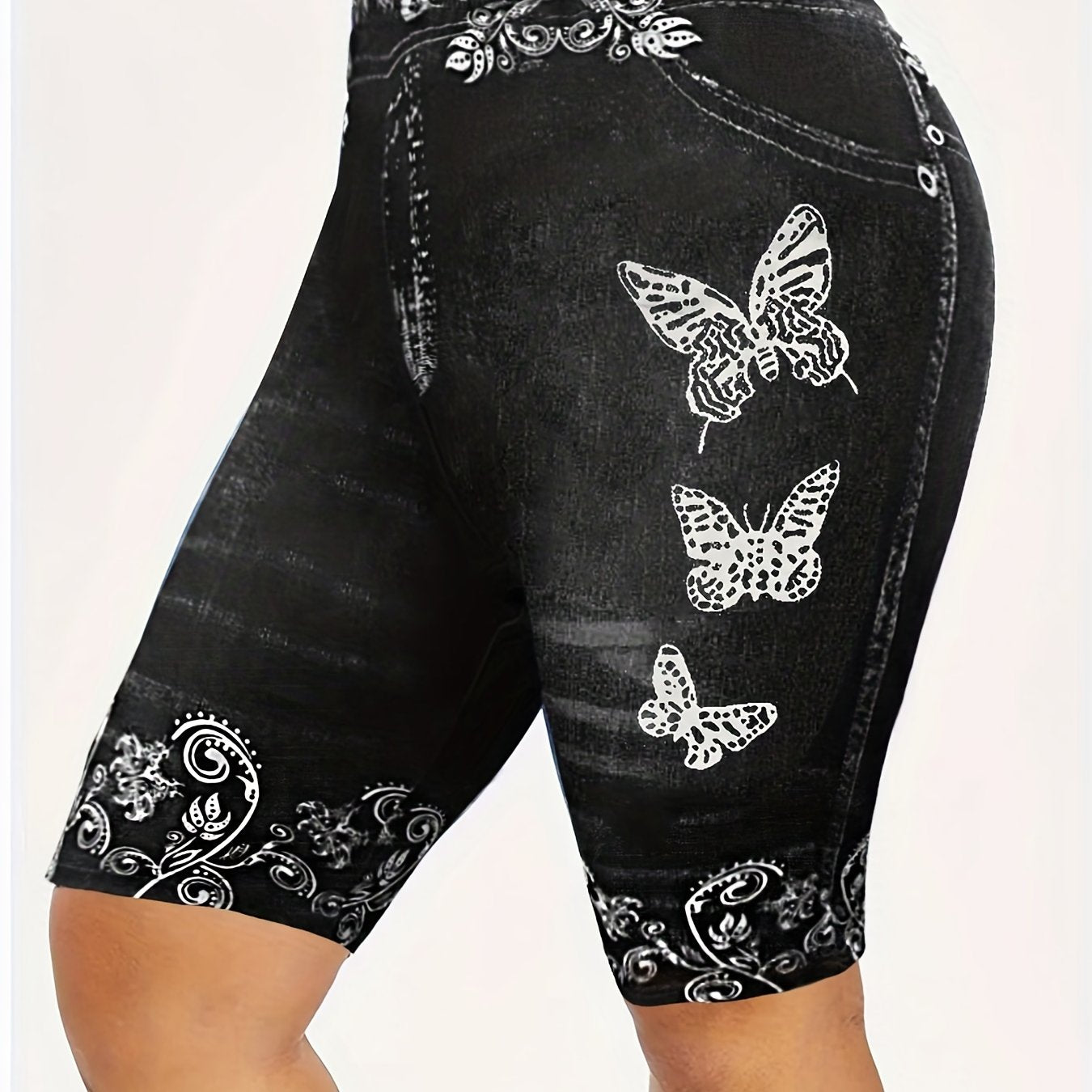 Denim & Butterfly Print High Rise Skinny Shorts