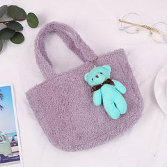 Fluffy Portable Handbag With Bear Pendant Magnet Closure