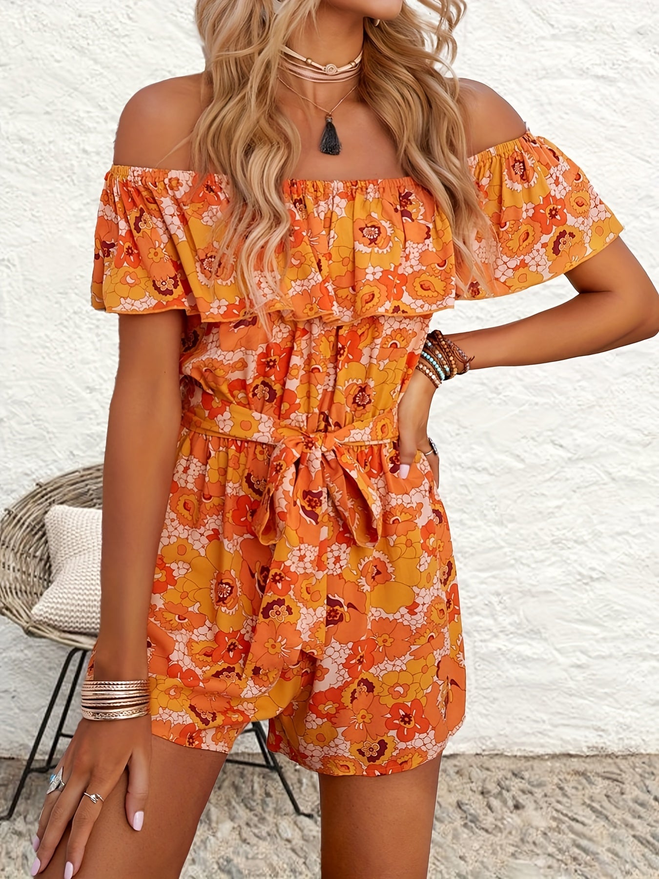 Floral Off Shoulder Jumpsuit Tie Front Romper