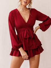 Layered Lace Up Romper Playsuit Long Sleeve V Neck Jumpsuit