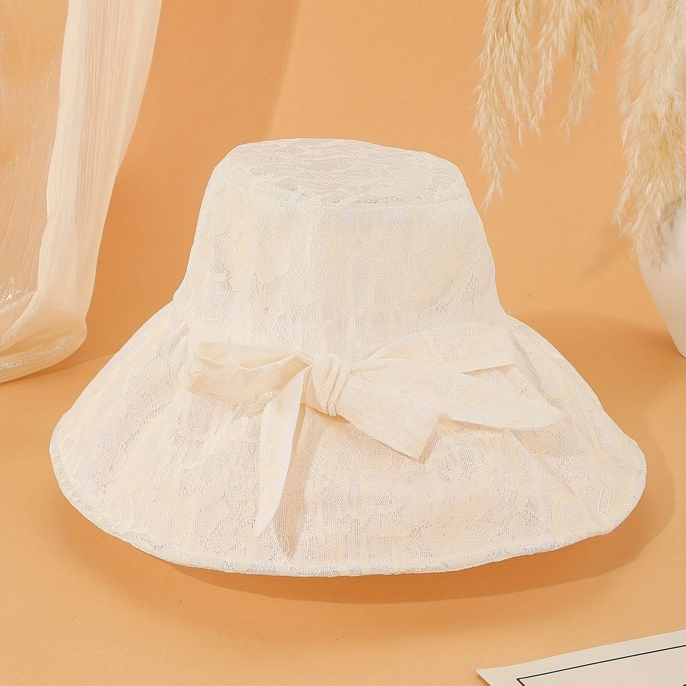 Beige Lace Embroidery Sun Hat Mesh Bucket Hat