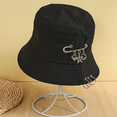 Hip Hop Unisex Bucket Hat Star Brooch Decor Couple Basin Hat