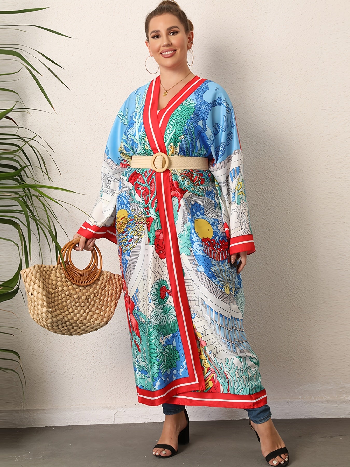 Boho Kimono Women's Plus Colorblock Print Long Sleeve Cover Up