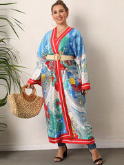 Boho Kimono Women's Plus Colorblock Print Long Sleeve Cover Up