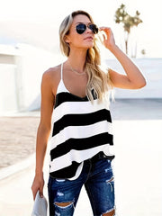 Striped Print V Neck Cami Top Sleeveless Loose Fit