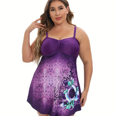 Floral Paisley Print Scoop Neck Ruched Front Swimsuit Set