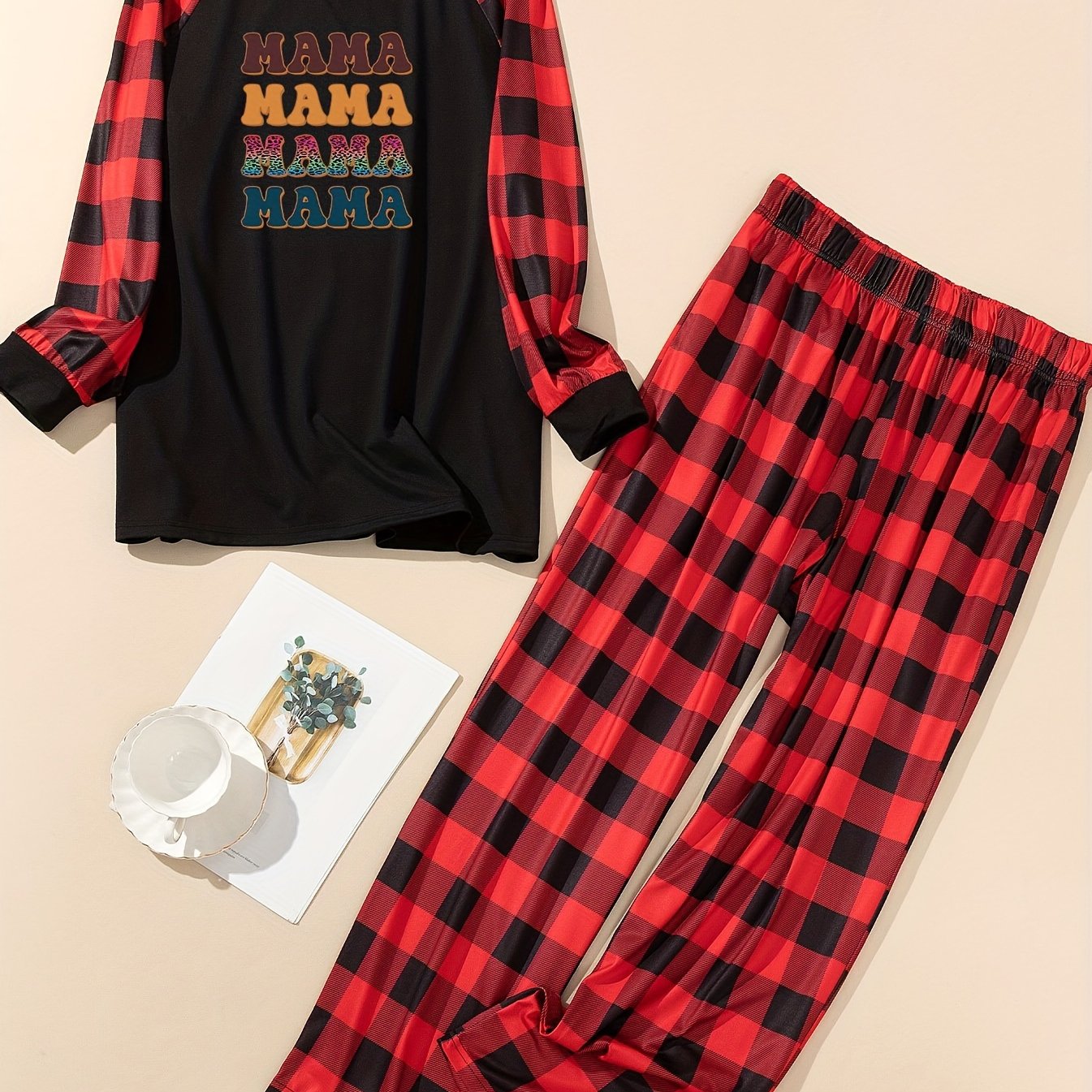 Letter Print Plaid Raglan Tee & Pants Pajama Set