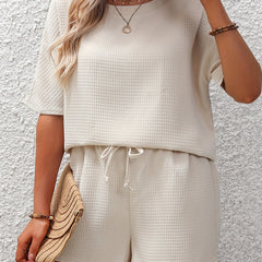 Waffle Knit Top & Drawstring Shorts 2PC Set