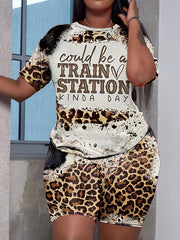 Leopard Print 2 piece Set Short Sleeve T shirt & High Waist Shorts Outfit