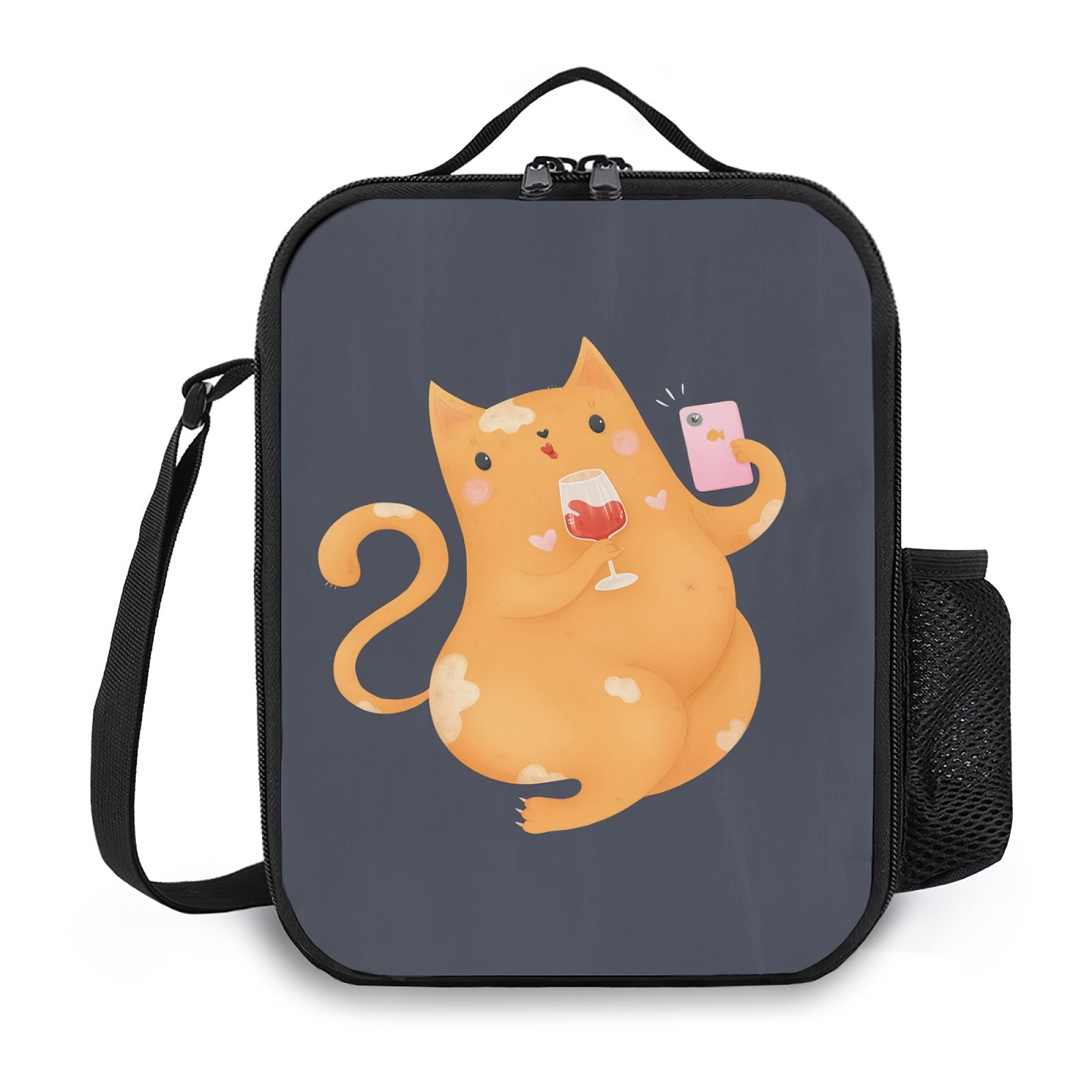 3D Cat & Wine Printed Lunch Bag - Funny Pattern Teen Lunch Tote Box