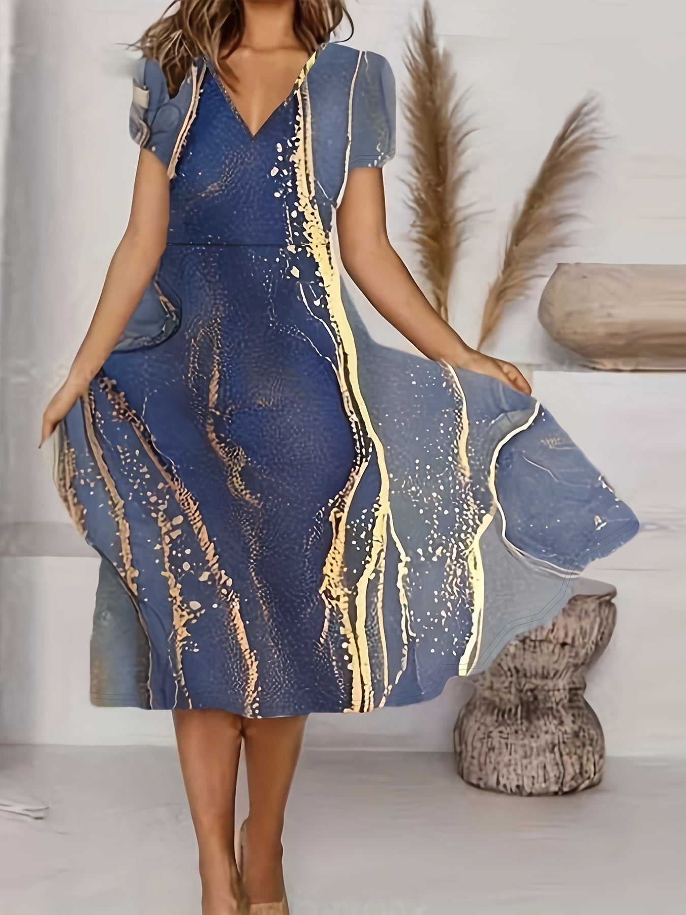 Marble Print Short Sleeve Midi Dress