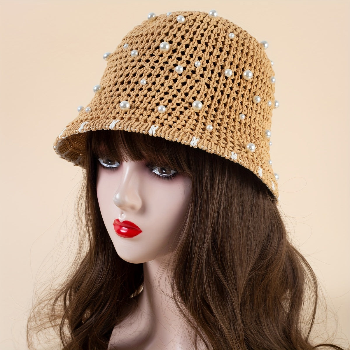 Faux Pearl Decor Bucket Hat Brown Hollow Out Basin Hat Crochet Breathable Cloche