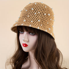 Faux Pearl Decor Bucket Hat Brown Hollow Out Basin Hat Crochet Breathable Cloche
