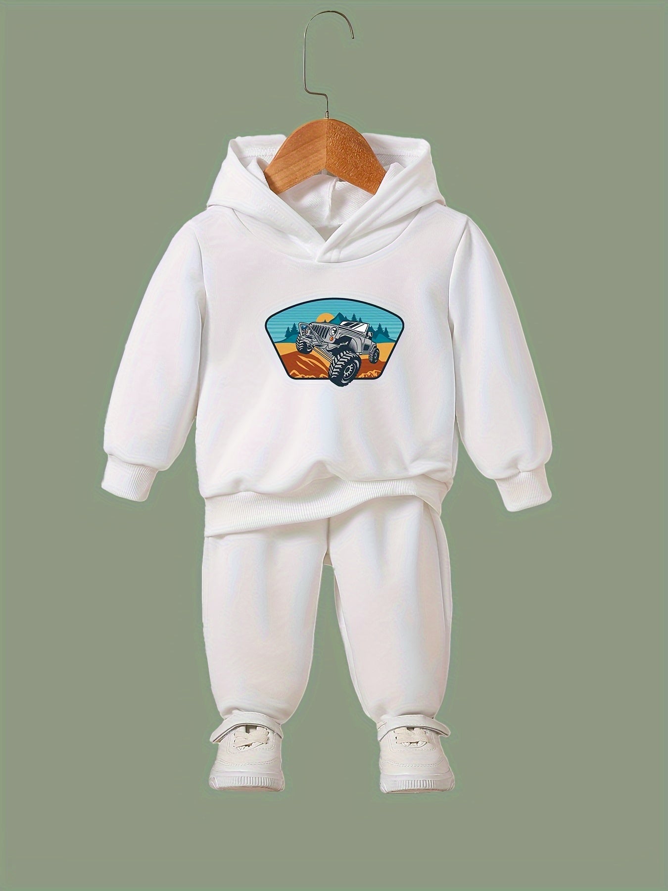 2pcs Truck Print Outfits Girls Hoodies Jogger Pants Set