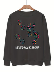 Footprint & Slogan Print Pullover Sweatshirt Loose Crew Neck Casual Sweatshirt