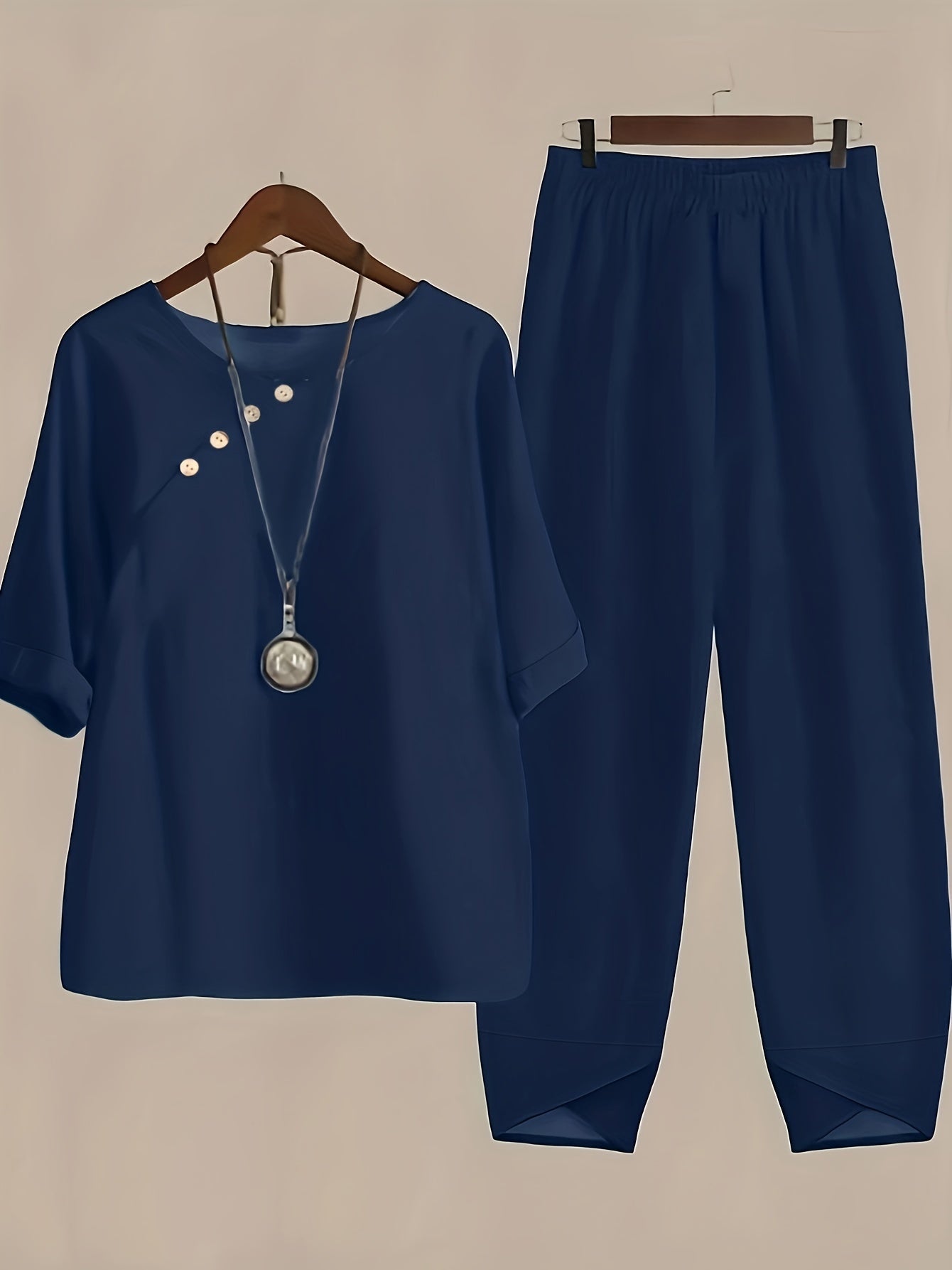 Casual Two piece Set Crew Neck Half Sleeve Tops & Elastic Waist Pants