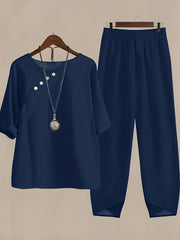 Casual Two piece Set Crew Neck Half Sleeve Tops & Elastic Waist Pants