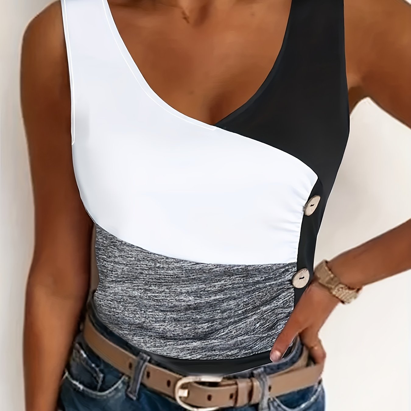 Colorblock Button Decor Tank Top V Neck Sleeveless Top