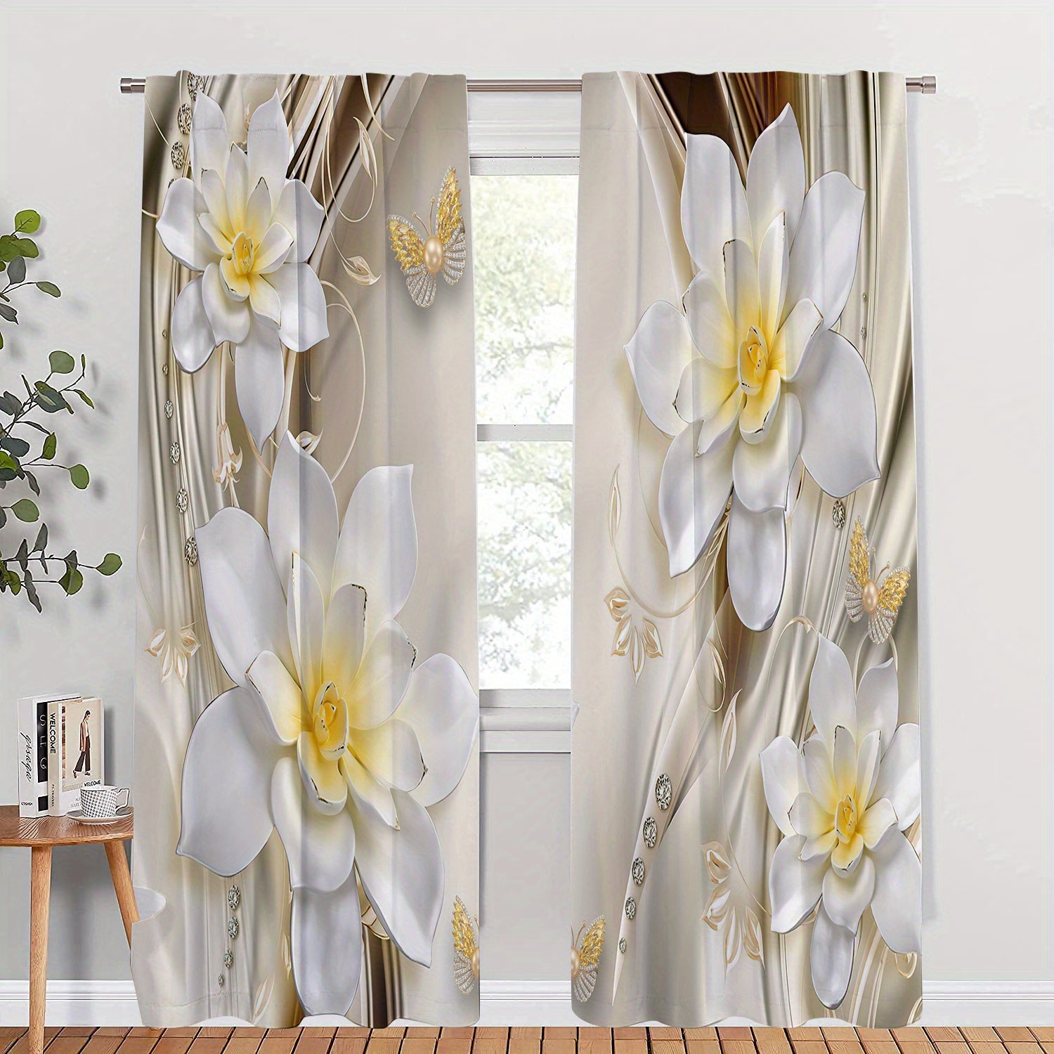 2pcs Flower Crystal Printed Window Curtain Home Decoration