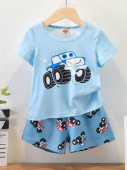 Boys Cartoon Truck Print Pajama Set Crew Neck Short Sleeve Top & Shorts