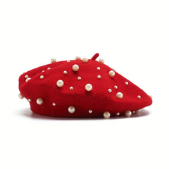 Women's Wool Knitted Beret with Pearl Bead Decoration