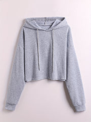Solid Drawstring Crop Hoodie Long Sleeve Sweatshirt Women's Clothing
