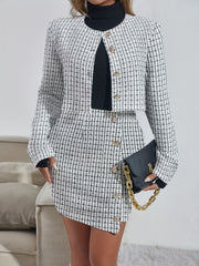 Button Front 2pc Set Long Sleeve Tops & Bag Hip Skirts