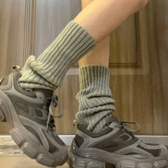 Ribbed Knit Leg Warmers College Style Knee High Socks Women's Stockings