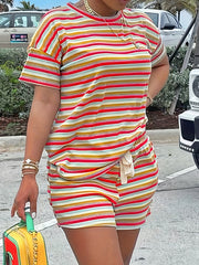 Striped Print Casual Two piece Set Crew Neck Short Sleeve Tee & Shorts
