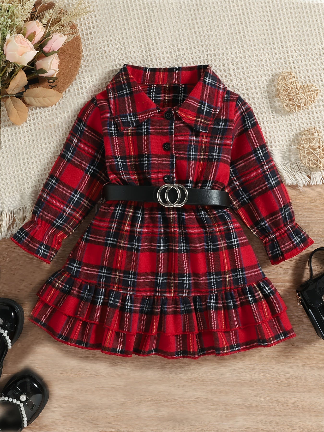 Toddler Baby Girls Christmas Outfit Stand Collar Ruffled Plaid Shirt Dress