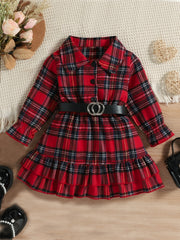 Toddler Baby Girls Christmas Outfit Stand Collar Ruffled Plaid Shirt Dress