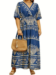 Floral Print Maxi Dress Surplice Neck Short Sleeve