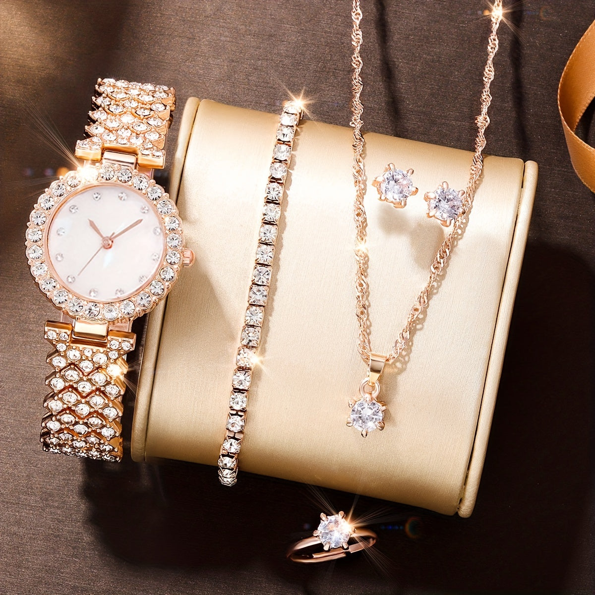 Kids Rhinestone Round Quartz Watch & 5pc Jewelry Set