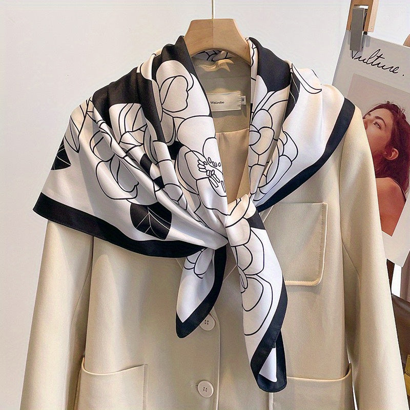 89 92cm Camellia Pattern Silk Square Scarf Sunproof Outdoor Shawl