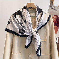 89 92cm Camellia Pattern Silk Square Scarf Sunproof Outdoor Shawl