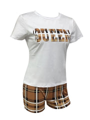 Queen Letter Print Tee & Plaid Shorts Set
