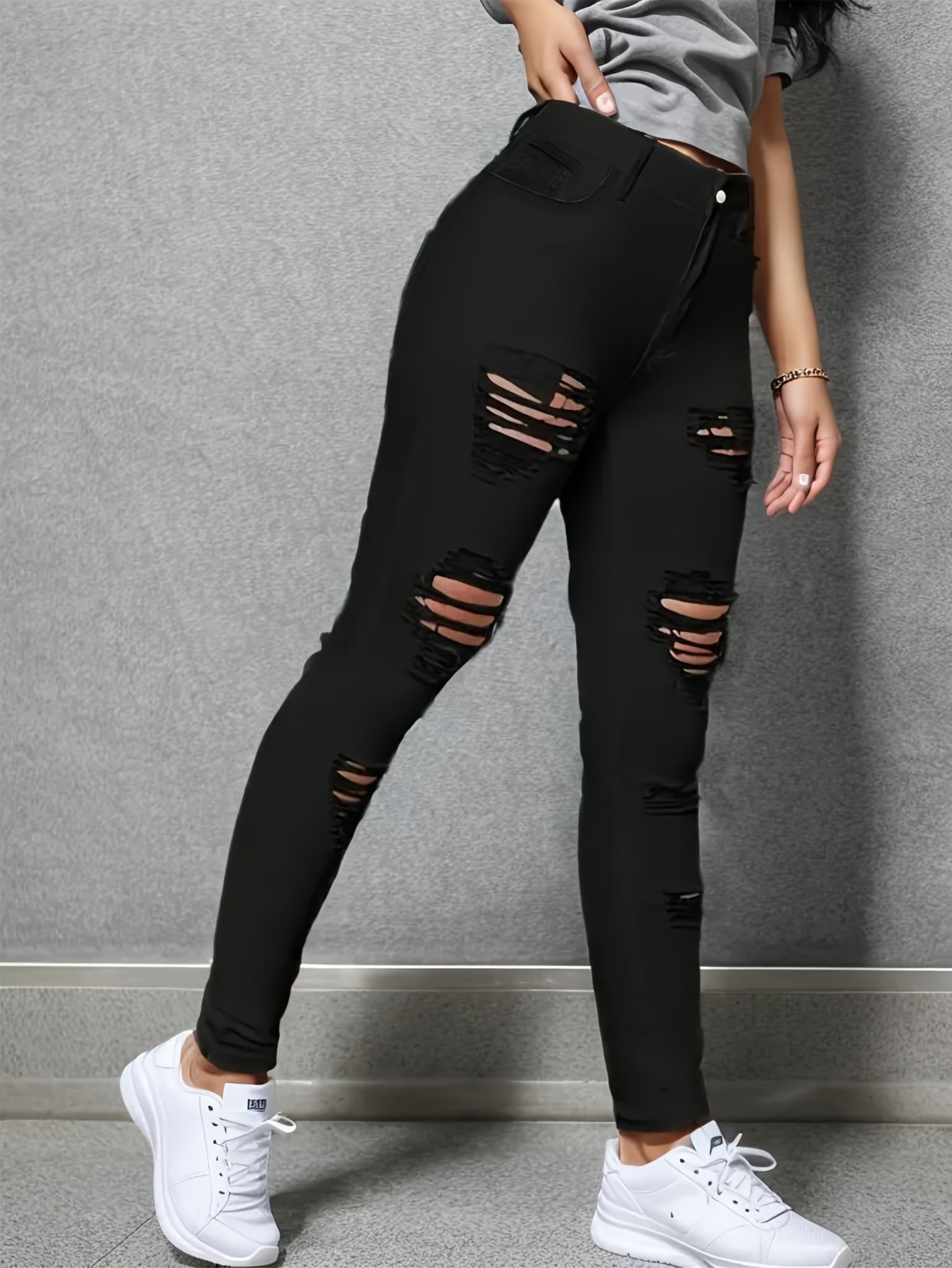 Women's Button Fly Ripped Skinny Jeans