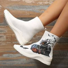 Halloween Pattern Knit Ankle Boots Comfy High Top Sock Shoes