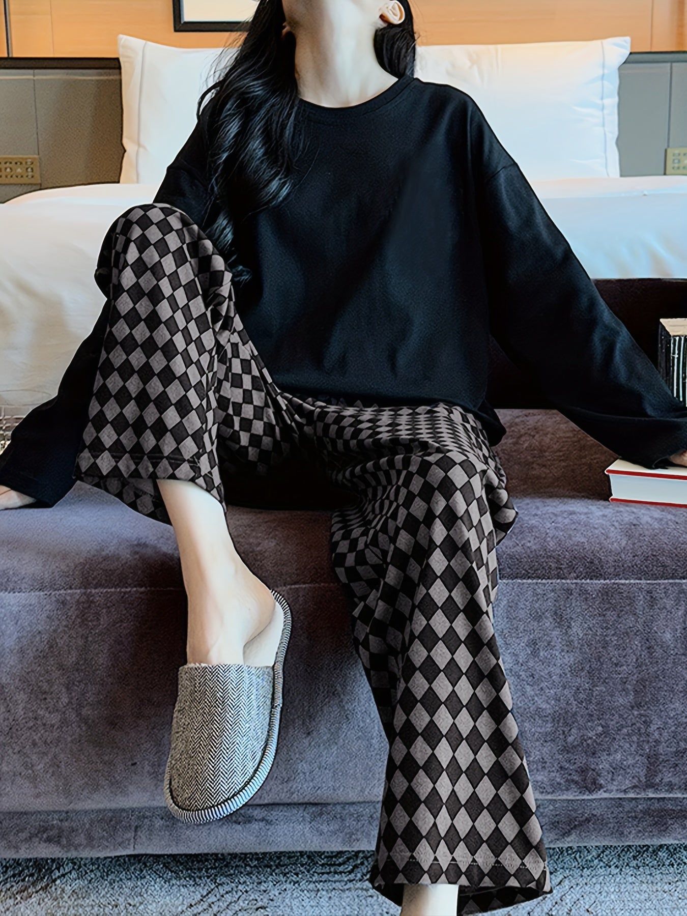 Cozy Pajama Set Long Sleeve Top & Plaid Pants Women's Sleepwear