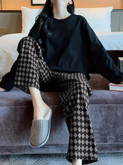 Cozy Pajama Set Long Sleeve Top & Plaid Pants Women's Sleepwear